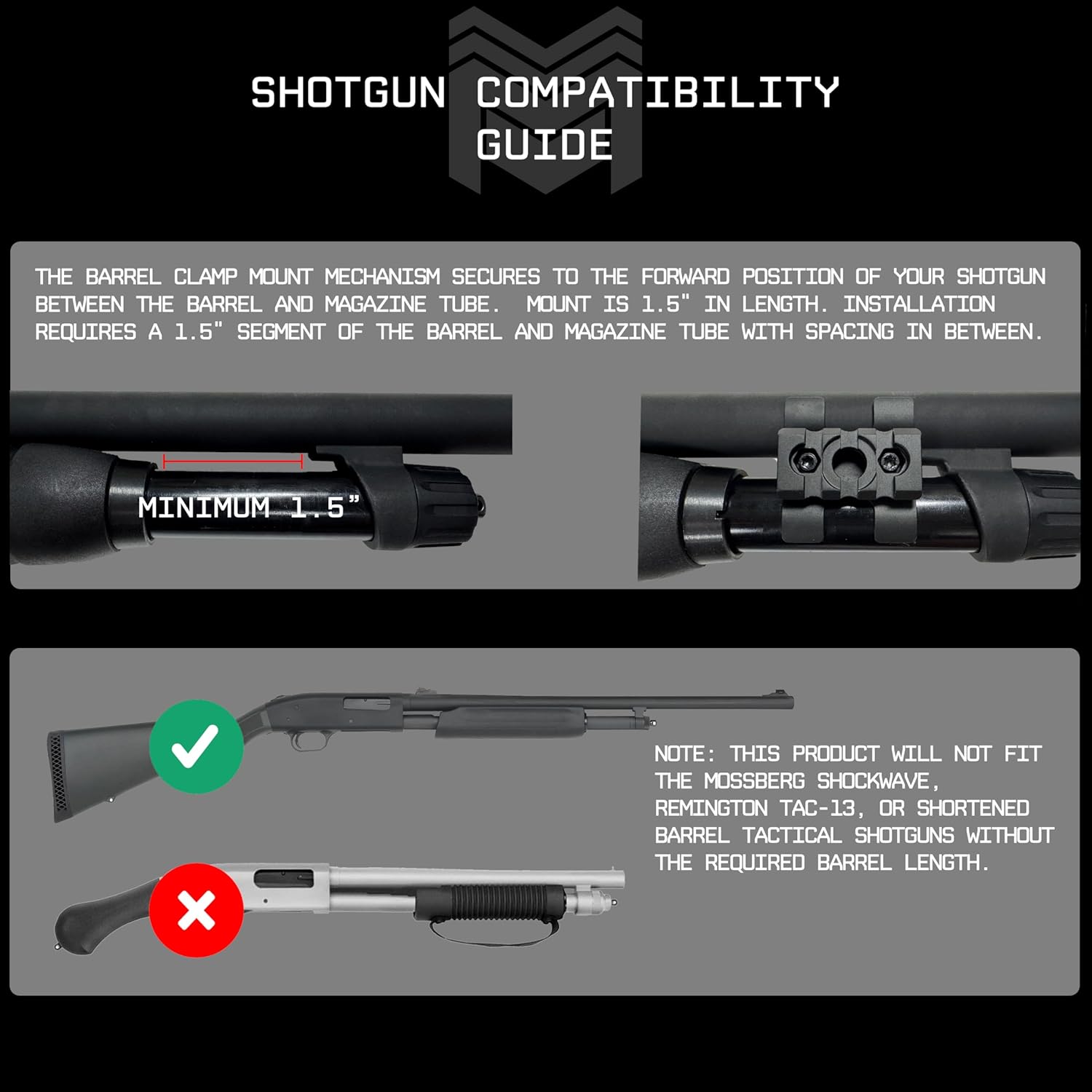Monstrum Shotgun Barrel Clamp Accessory Mount | Flashlight + Picatinny