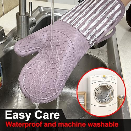 Miniatura 6 de Guantes de horno de silicona resistentes al calor 932 con impermeables y antideslizamiento, juego de 2 guantes de horno extra largos con forro de