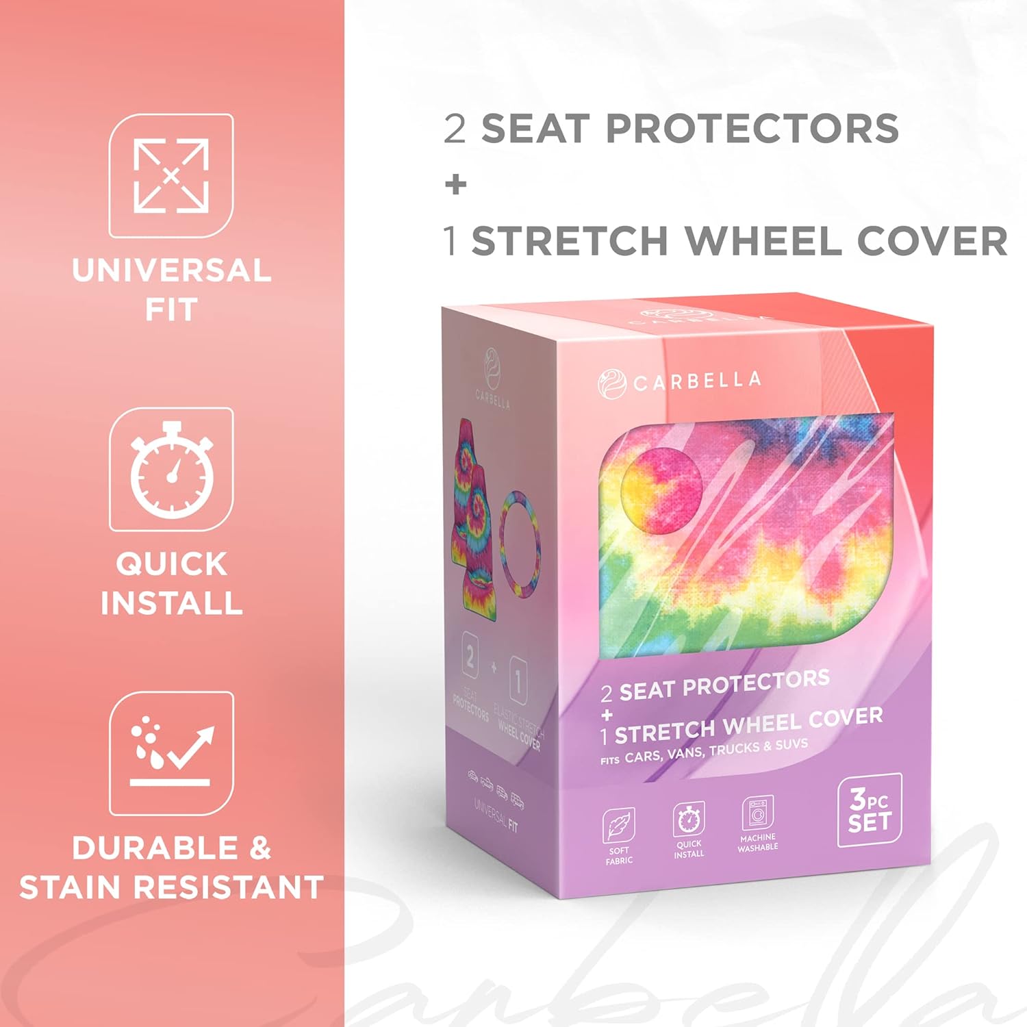 Carbella Rainbow Tie-Dye Car Seat Covers, 2 Pack Hippie Boho Front Seat Covers for Cars with Matching Steering Wheel Cover, Cute Automotive Interior Covers for Trucks Van SUV : Everything Else