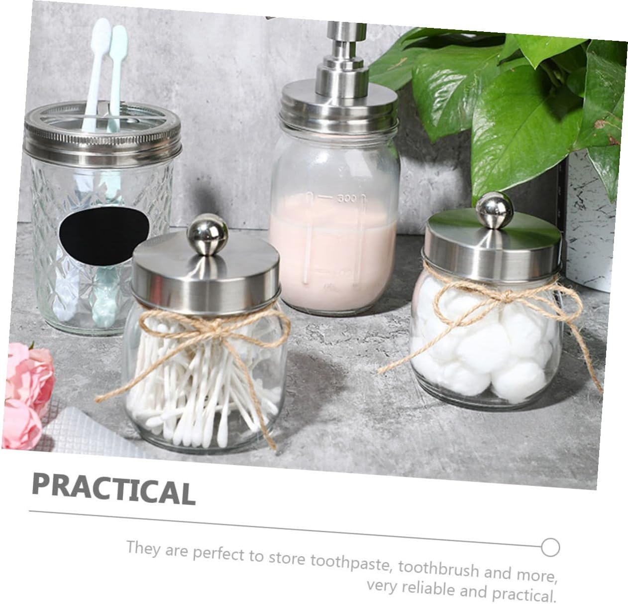 Glass Bathroom Accessories with Mason Jar Lotion Bottle and Toothbrush Cup Practical Swab Holder with Silver Lids Stylish Vanity Organizer for Home Use