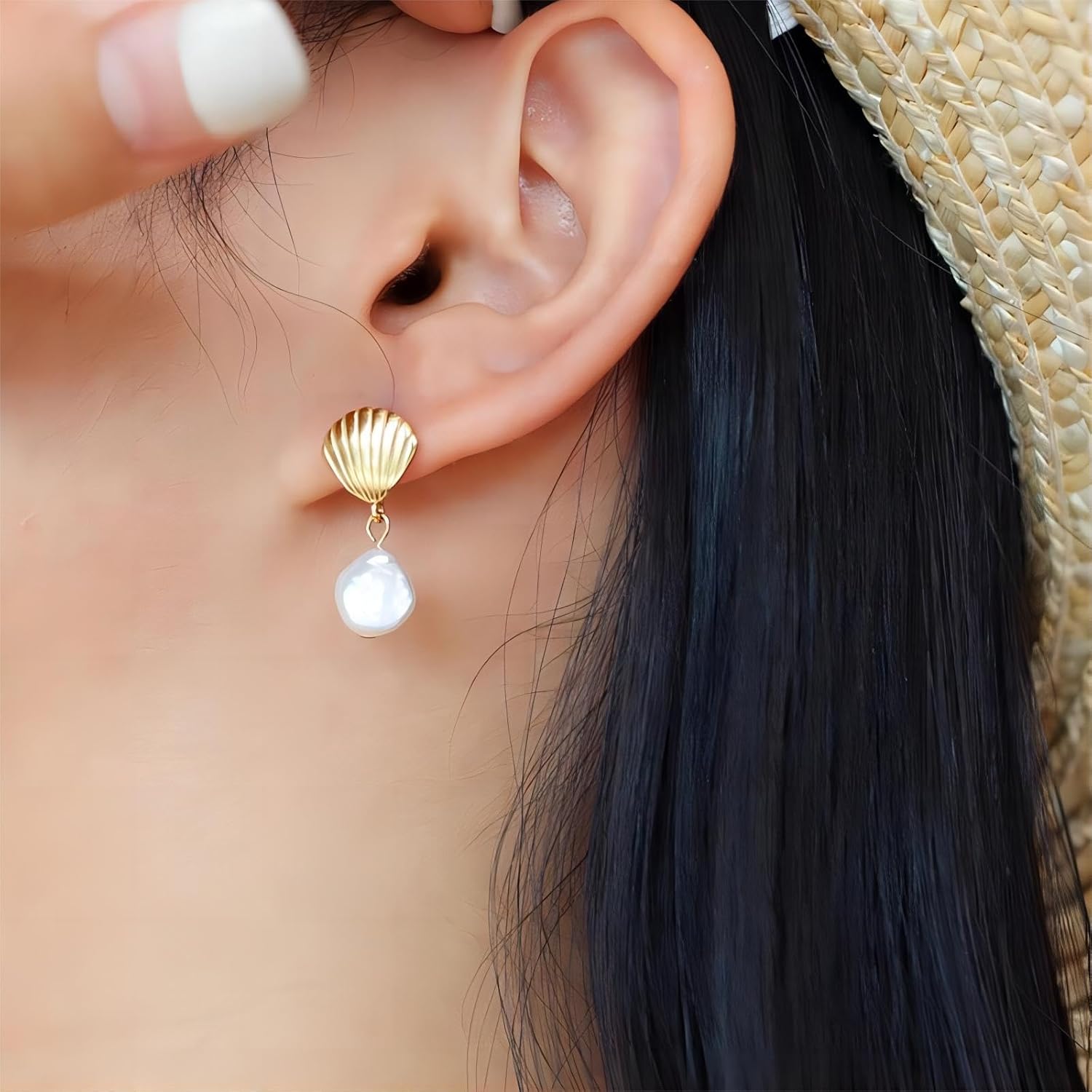 S925 Sterling Silver Seashell Pearl Drop Earrings for Women, Baroque Pearl Seashell Dangle Earrings, Cute Shell Earrings Studs, Shell Drop Earrings - Image 4