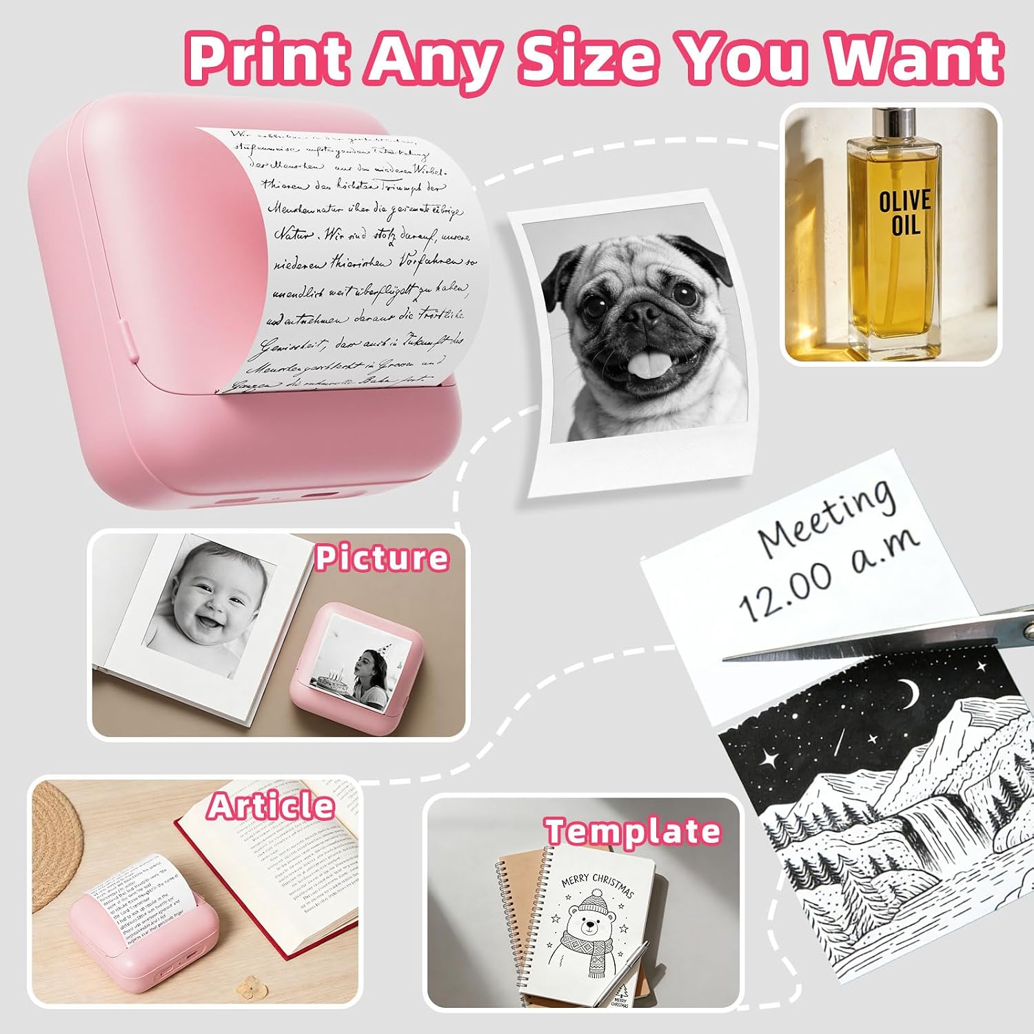 tenwin Mini Portable Printer, Inkless Bluetooth Print Pod, Portable Sticker Thermal Printer, Label Maker for DIY, Journals, Diaries（Pink）