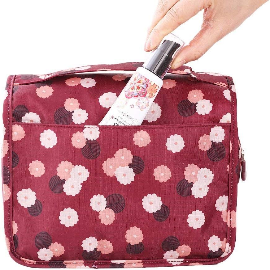 Axgo Toiletry Bag Multifunctional Cosmetic Bag Portable Travel Folding Make up Toiletry Bags with Hook (Wine Red Daisy) image 5