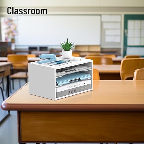 Miniatura 8 de Organizador de escritorio de madera, organizador de bandeja de papel de 3 niveles para escritorio con estantes de almacenamiento ajustables,