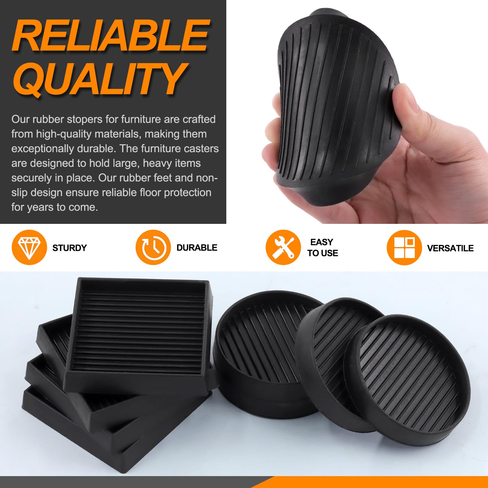 Rustark 8Pcs 75mm 3 Inch Black Round and Square Rubber Caster Cups Non Slip Furniture Coasters Square Pads Hardwoods Floors Protectors Non Skid Square Furniture Feet Caps for Bed Couch Tables Chair - Image 3