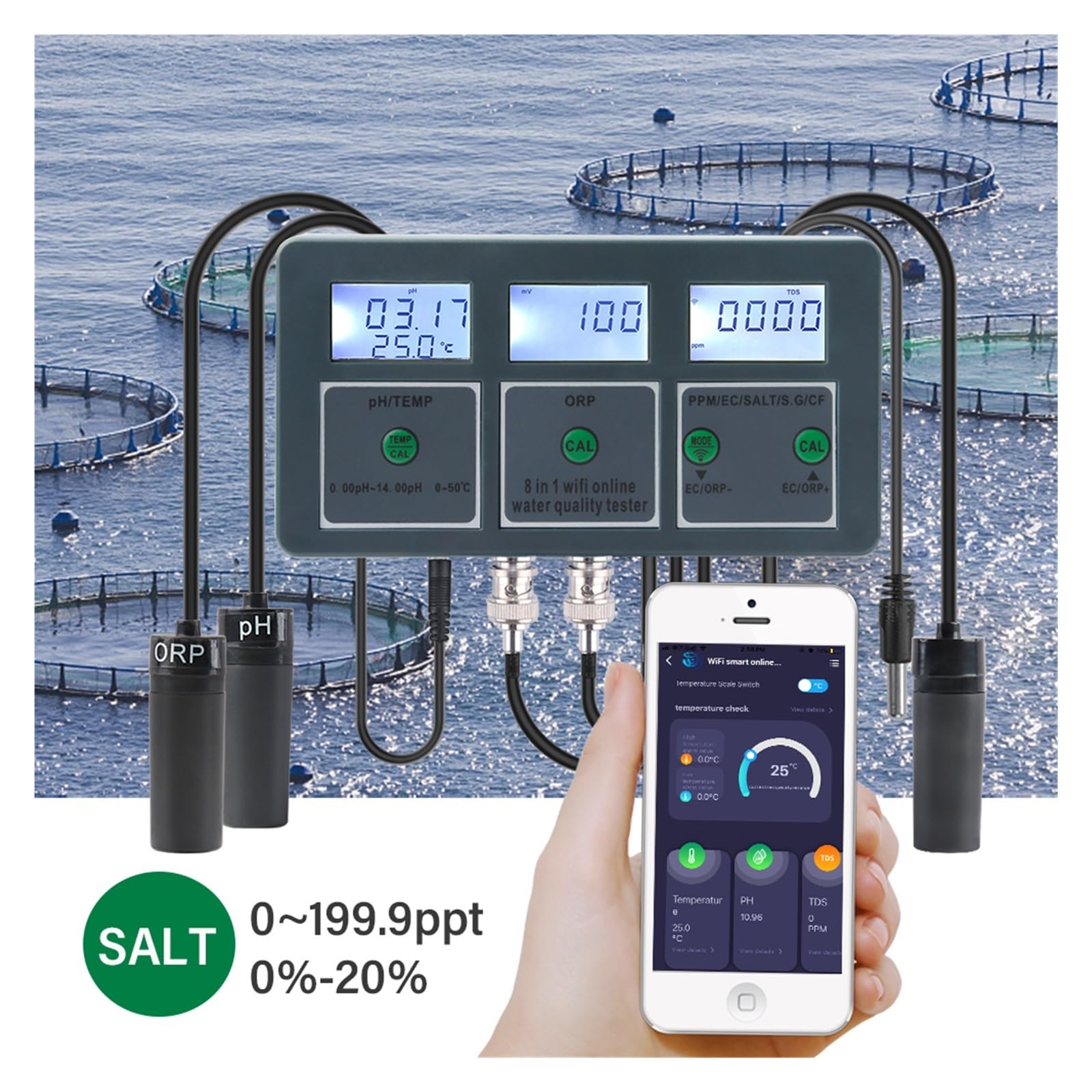 Medidor TDS, Tuya Smart PH ORP TDS EC Salt S. G Temp CF Monitor medidor en línea Probador de Calidad del Agua de Acuario Controlador Registrador de Datos,TDS Water Quality Tester(with Liquid)