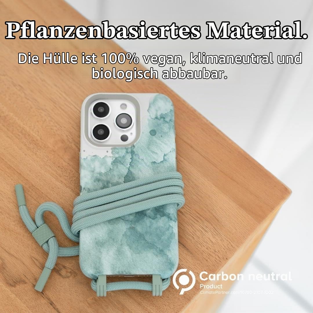 Woodcessories - Change Case, Nachhaltige Handykette abnehmbar kompatibel mit iPhone 15 Pro Hülle mit Band Aqua Green - biologisch abbaubar
