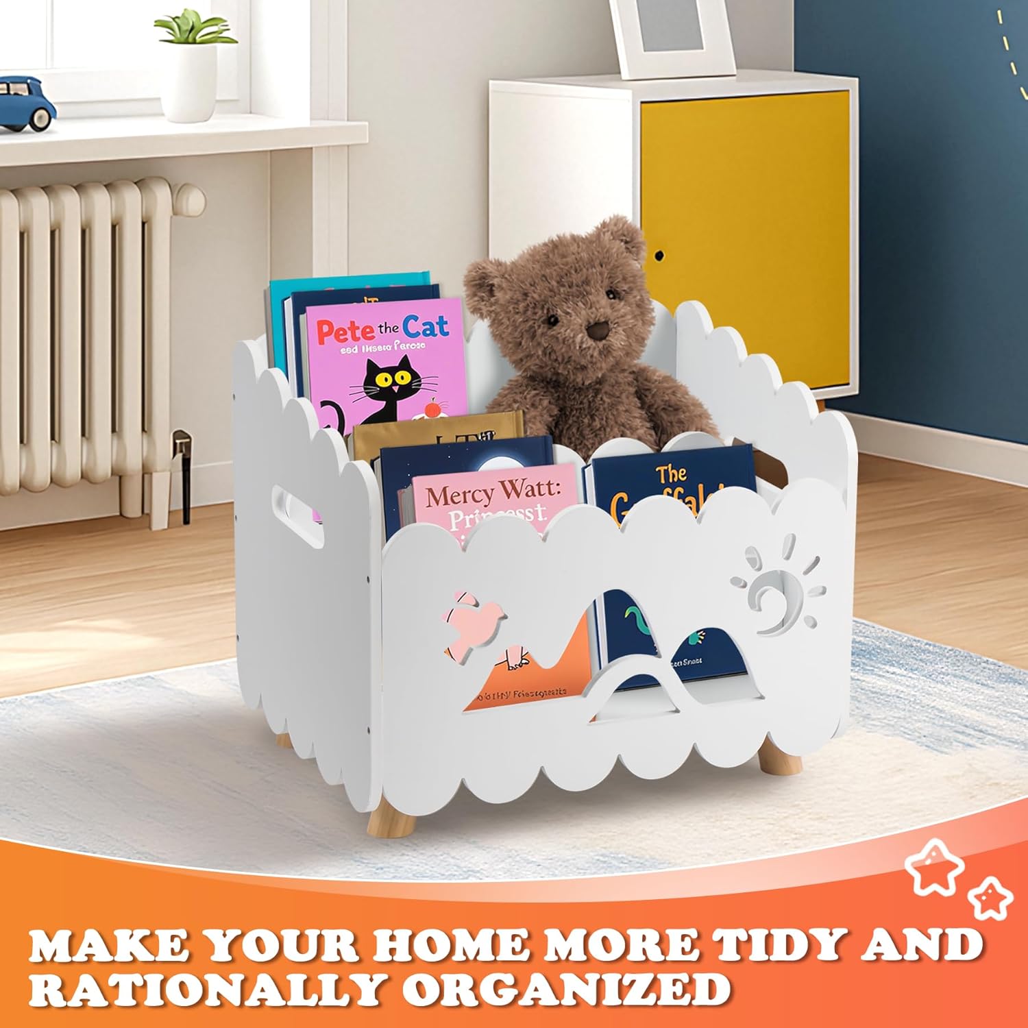 Calmbee Wooden Kids Bookshelf with 2 Adjustable Dividers, Montessori Bookshelf with Animal Carvings for Nursey Room Classroom Playroom, Toy Storage Oragnzier, for Your Baby´s Bedroom, White - Image 6