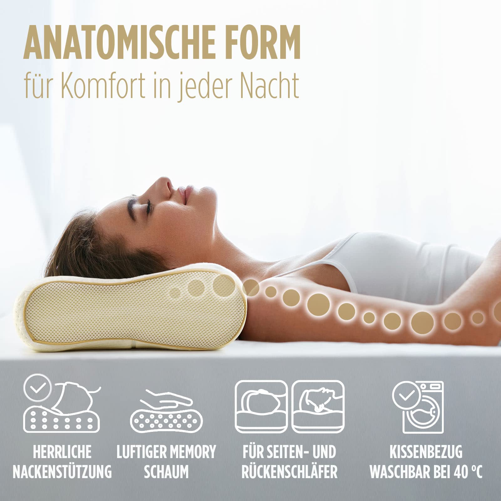 VITAPUR Cuscino per Dormire Anatomico con Schiuma a Memoria di Forma - Cuscino Ortopedico per la Posizione di Riposo Laterale o Posteriore - Cuscino Ergonomico con Fodera di Protezione Lavabile