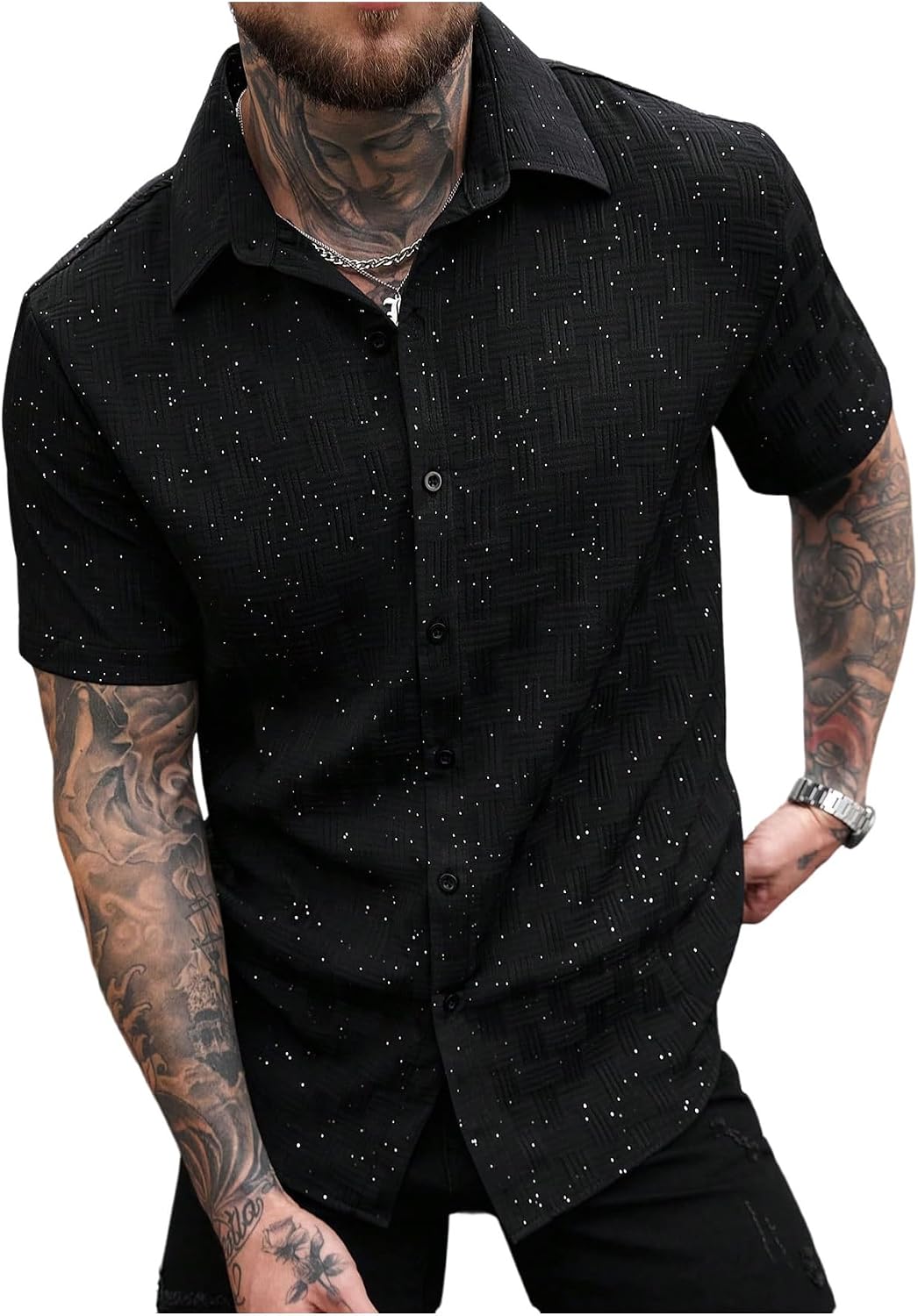 SOLY HUX Men's Glitter Sequin Shirt Button Down Short Sleeve Disco Shirt