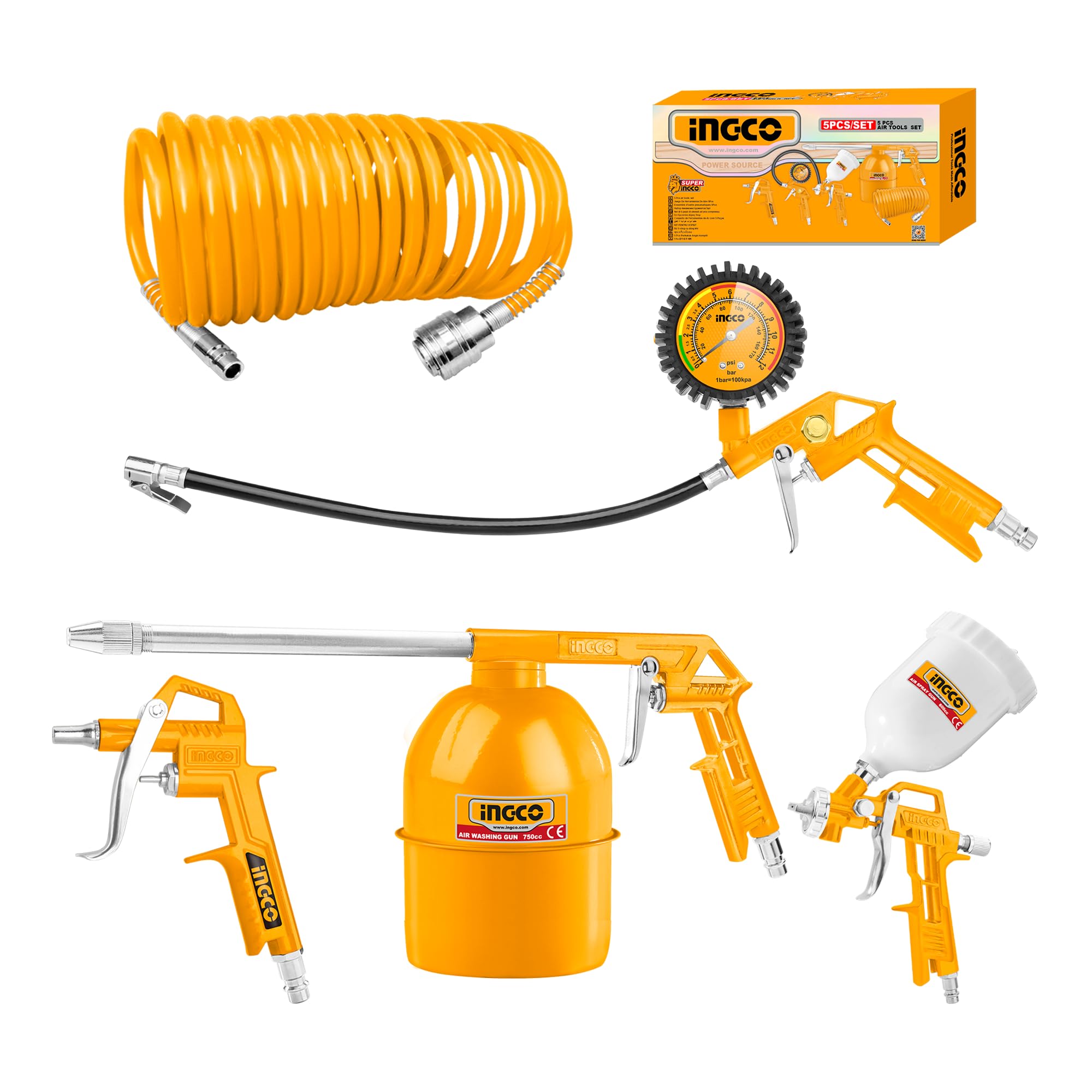 5 Pcs Tools Set - Includes 4m Recoil Hose, Air Washing Gun, Spray Gun, Tire Inflating Gun, Nitto Type Connector - Suitable for Beauty and Maintenance of Various Cars or Handicrafts