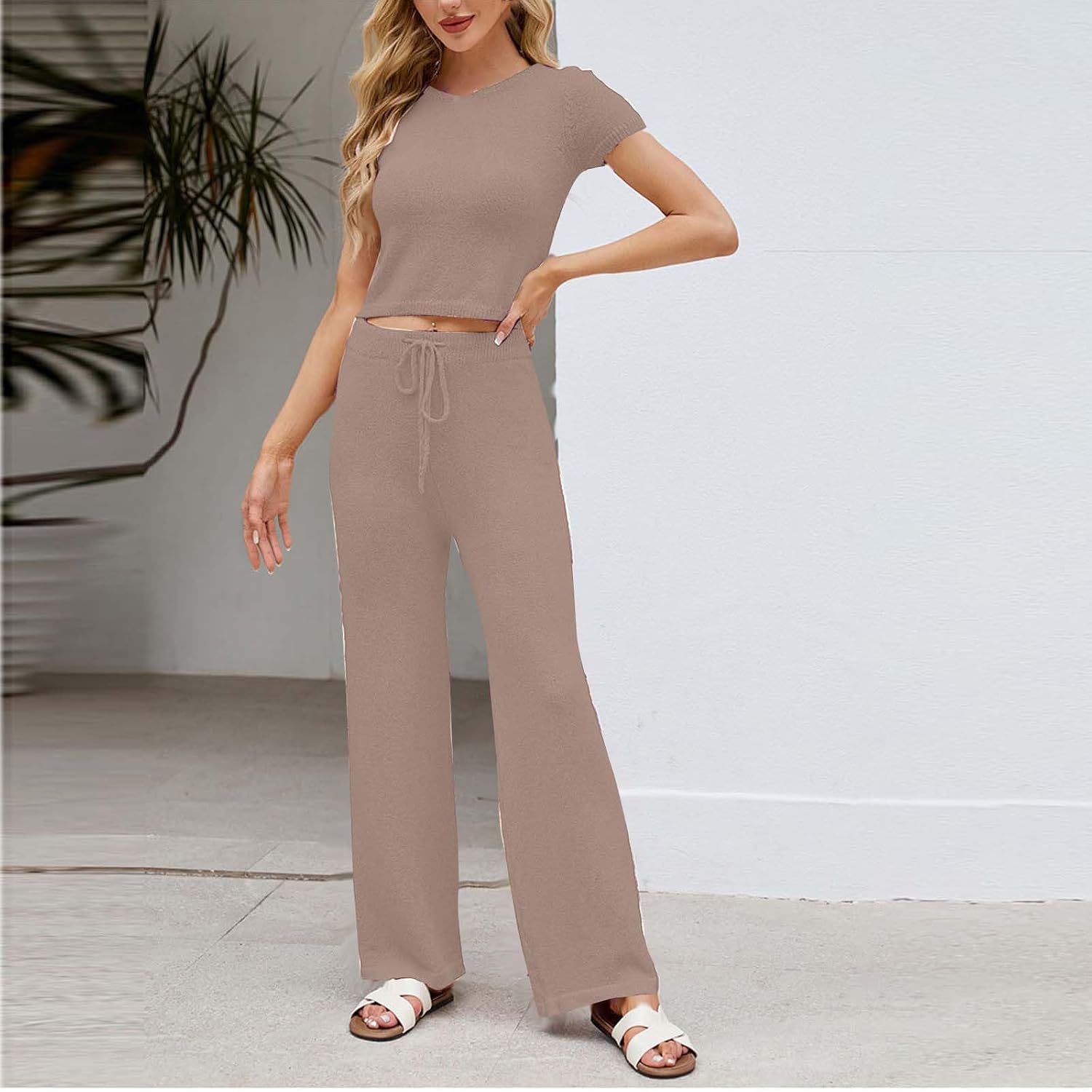 2 Piece Matching Lounge Set for Women Summer Short Sleeve Crew Neck Top Wide Leg Drawstring Pants Set