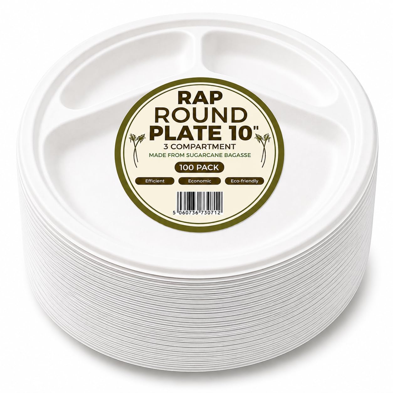3 Compartment Paper Plates 10 Inch 100 Pack Bagasse Compostable Disposable