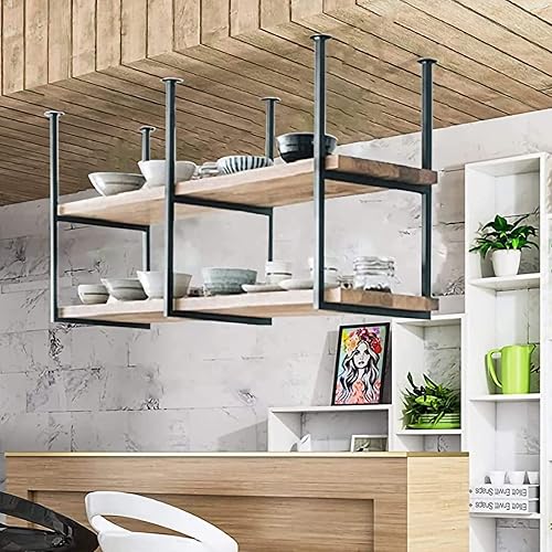 Miniatura 4 de Estantes Retro Industrial Restaurante Hierro Madera Sólida Estante de Techo de Madera Sólida, Estantes Colgantes Flotantes, Estante de 2 Niveles