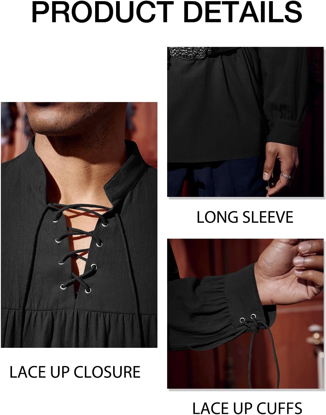 Runcati Mens Medieval Pirate Shirt Steampunk Viking Renaissance Long Sleeve Lace Up Scottish Halloween Costume Tops - Image 5