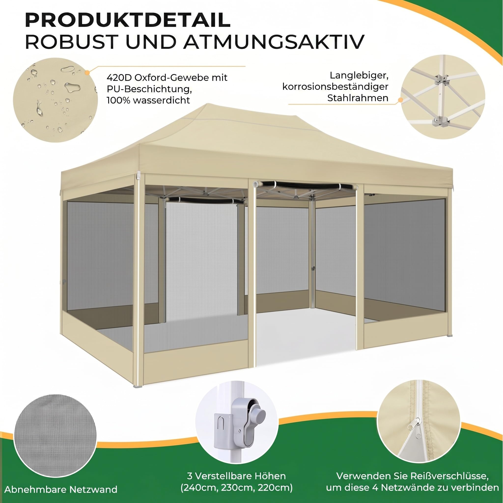 COBIZI Faltpavillon 3x4,5 Wasserdicht Stabil, Partyzelt Faltbar mit 4 Seitenwänden Moskitonetz Pop Up Gartenpavillon Anti-UV für Garten, 420D Oxford, Tragetasche mit Rollen, Khaki