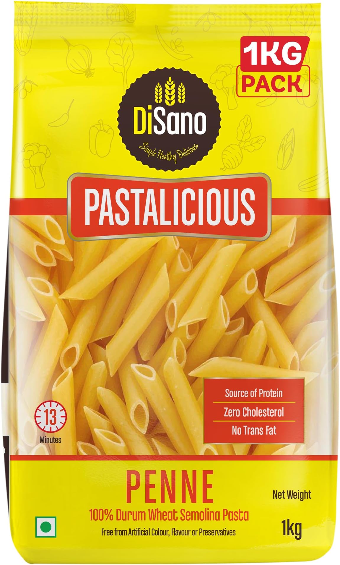 Penne Pasta 1kg, Healthy Pasta, Made with 100% Durum Wheat Semolina, 100% Suji, No Maida, Source of Protein & Fibre, Non-Sticky