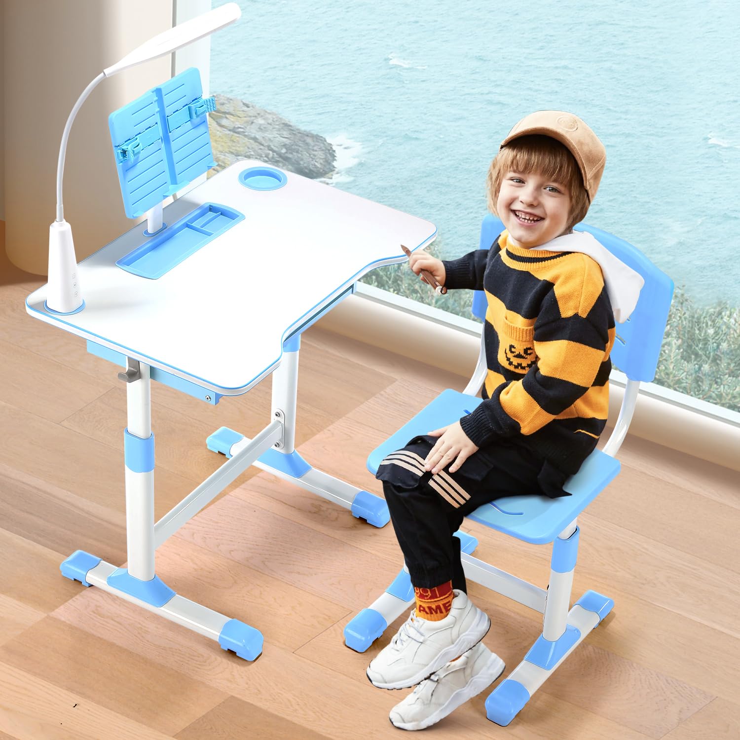 Kinderschreibtisch höhenverstellbar, Schülerschreibtisch Jugendschreibtisch mit Lampe, Schreibtisch Kinder mit Stuhl, Bücherständer und Schublade inkl. Kinder Schreibtisch für Jungs & Mädchen (Blau)