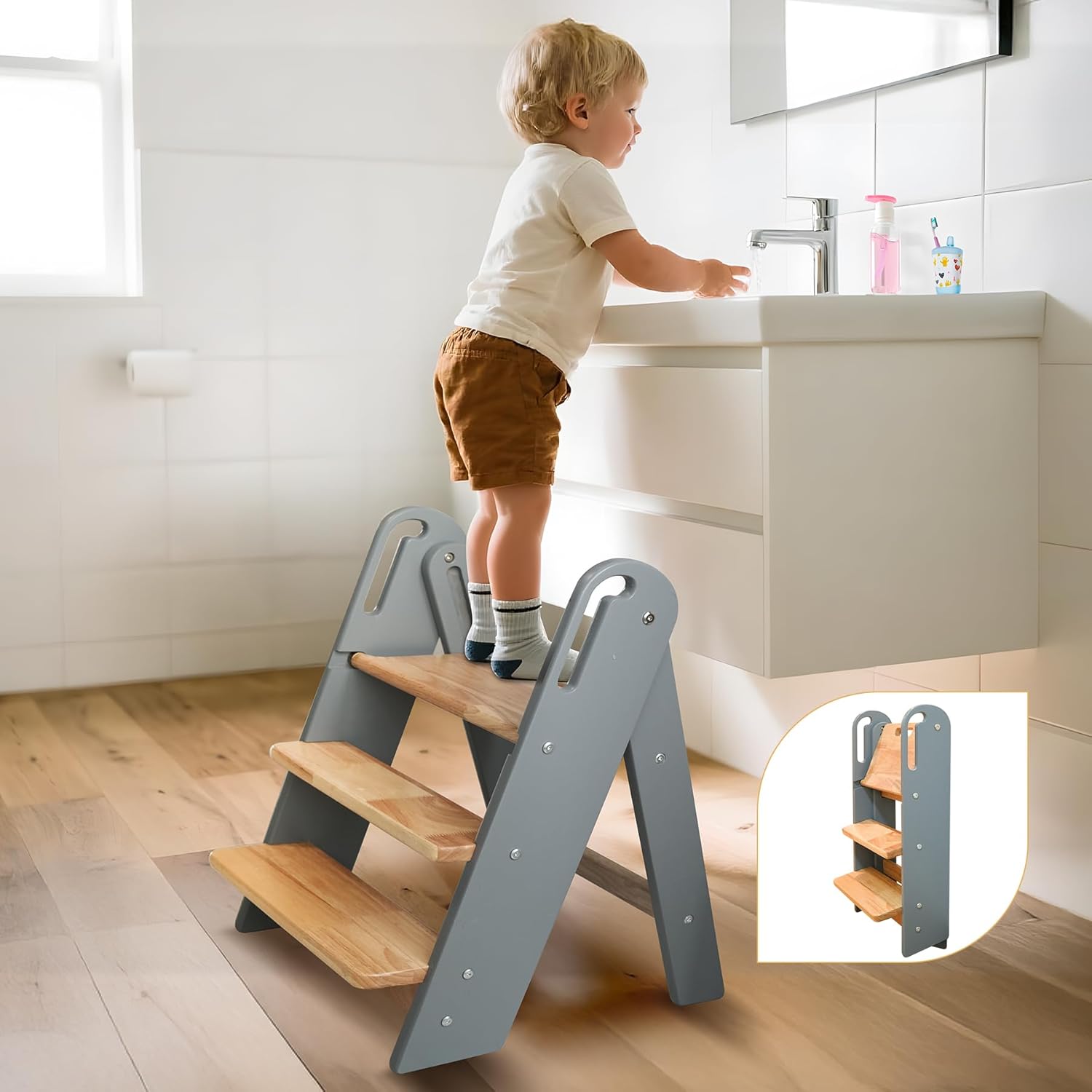 step stool for toddler, 3-step kids step stool for bathroom sink, foldable toilet potty training stool with handles, child kitchen counter stool helper wooden ladder for toddlers (grey)