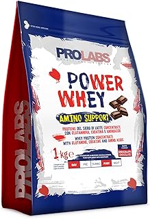 PROLABS – Proteine in Polvere POWER WHEY AMINO SUPPORT Concentrate Ricche di Aminoacidi Essenziali e BCAA - Whey Protein + Creatina, Glutammina e Vitamina B6, Crescita, Forza e Recupero 1kg Cioccolato