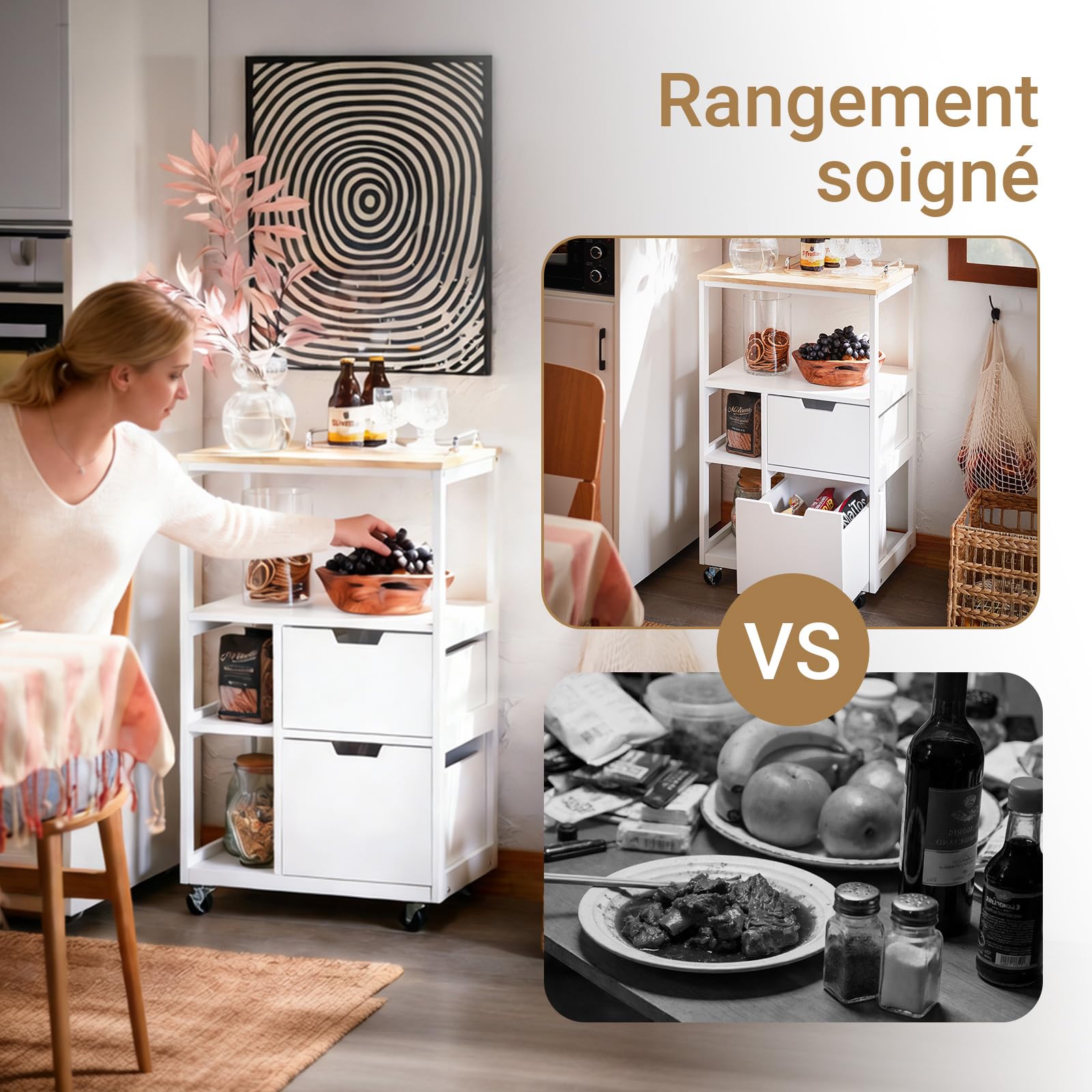SoBuy Desserte Cuisine avec Freins, 2 tiroirs, 3 étagères, 89x53x37 cm | Chariot de Cuisine avec plan stable et poignée intégrée, 42 kg de charge, PB/métal, cuisine/maison, Blanc-Naturel, FKW111-WN
