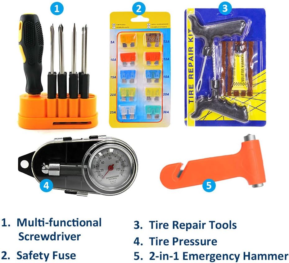 Car Emergency Kit, Roadside Assistance Auto Emergency Kit, 14-piece Tool Set Car Safety Kit with Jumper Cables, Tire Pressure, Tow Trap for Travel Camping Adventure for your Truck, Car, SUV (1)