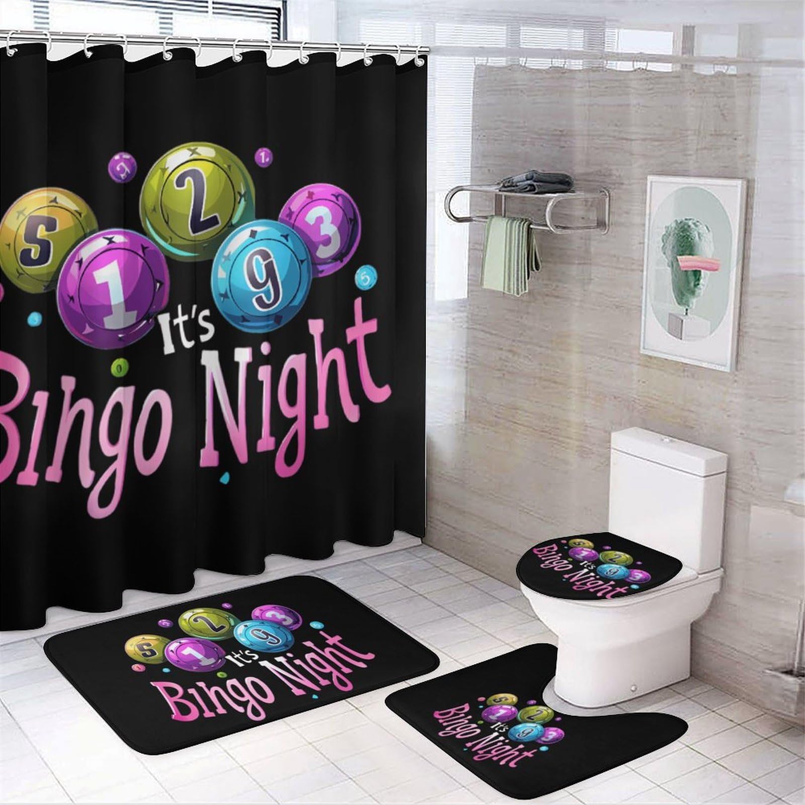 It's Bingonights 4 Pcs Shower Curtain Set Bathroom Sets with Rugs Toilet Lid Cover Bath Mat Bathroom Decor