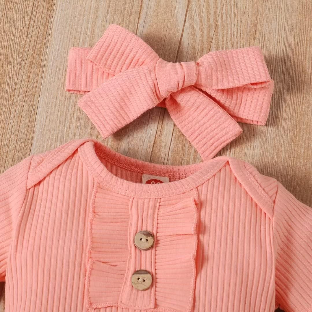 Vista 4 de Rosibel Conjunto de ropa para bebé recién nacida, conjunto de trajes de niña con volantes y diadema 3 piezas de verano