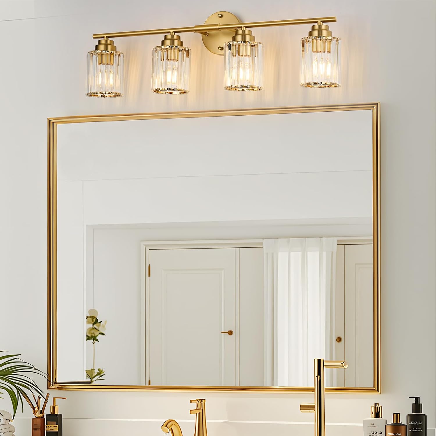 4-Light Gold Bathroom Light Fixtures, 29.1" Bathroom Vanity Light with Clear Crystal Shades, E26 Base Modern Wall Lighting Sconces, Vanity Lights for Bathroom Powder Room