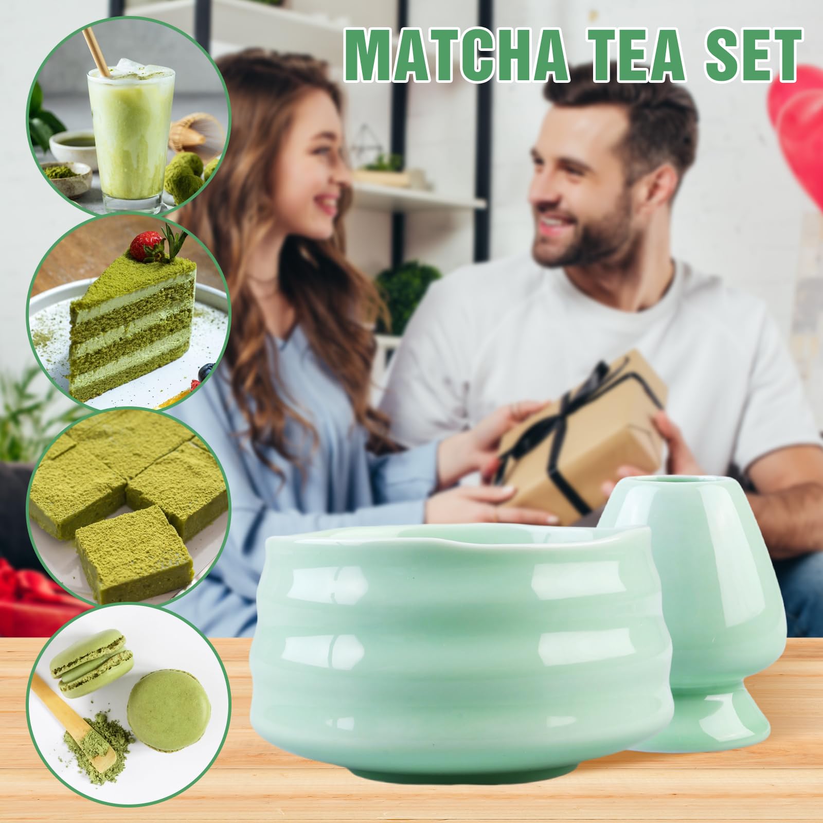 BORDEAG Matcha, set di accessori matcha, scopa matcha, con frusta matcha, porta scopa, ciotola matcha, ciotola in ceramica, 2 cucchiaini, accessori per tè matcha di alta qualità