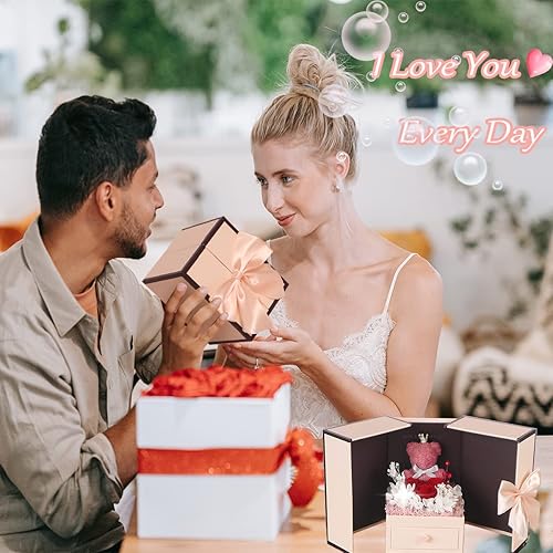 Miniatura 7 de Juego de regalos de oso musgo de rosa preservada con 100 collares "I Love You" para mamá, esposa, novia, día de la madre, Navidad, día de San