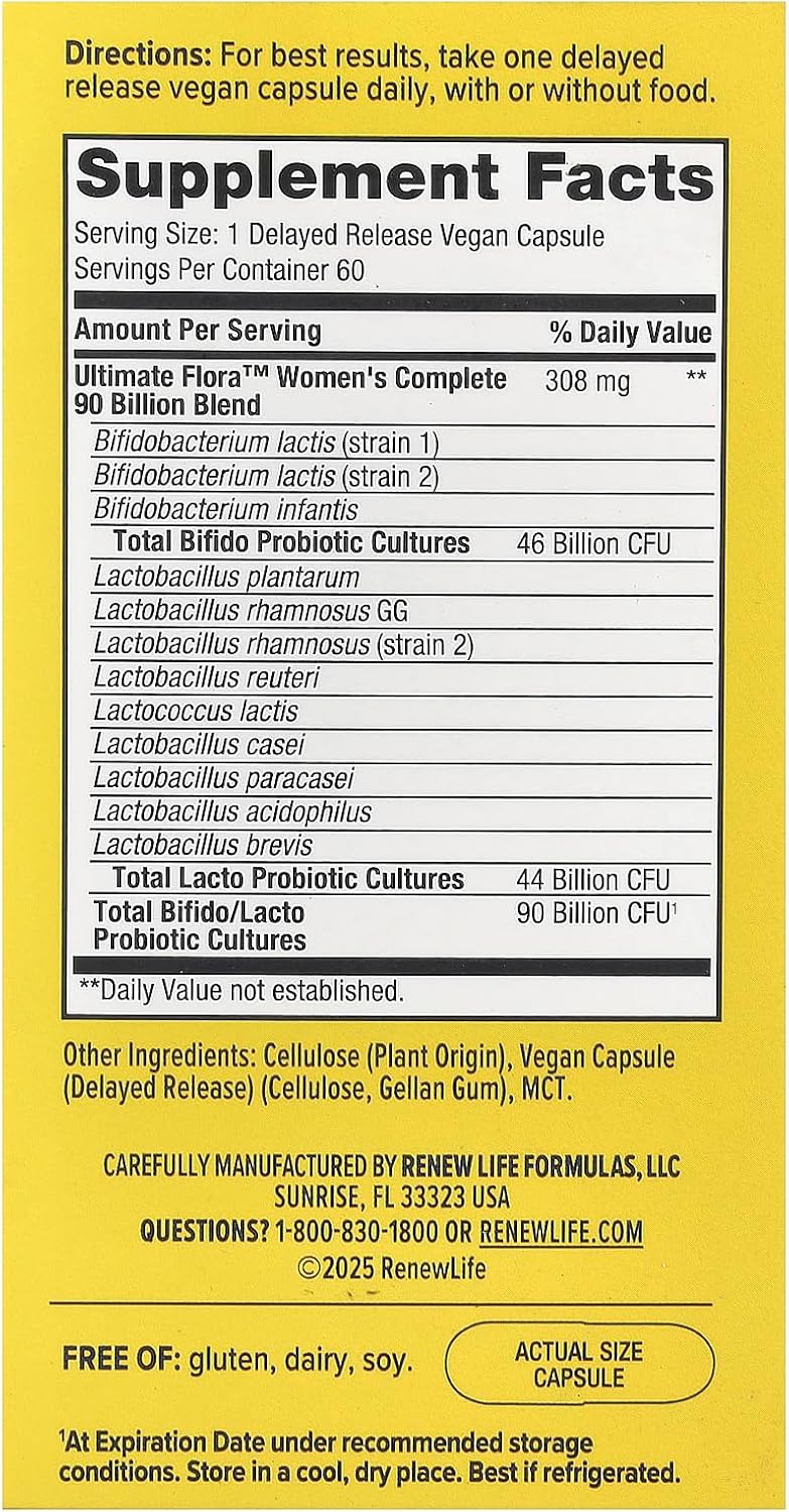 Renew Life Women's Probiotic Capsules, Supports pH Balance for Women, Vaginal, Urinary, Digestive and Immune Health, L. Rhamnosus GG, Dairy, Soy and Gluten-Free, 90 Billion CFU - 60 Ct