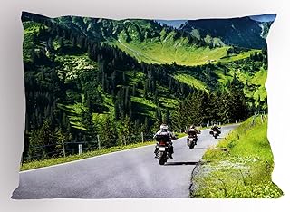 Ambesonne Mountain Pillow Sham Set of 2, Bikers Riding on Mountainous Highway in The Alpine Mountains Digital Art Print, Quality Microfiber Bedding Item for All Seasons, 30