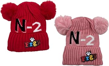 Buyra Red Pink Double Pompom Design Kids Cap/Baby Cap for Winter Super Warm and comfertable for Your Baby Pack of-2