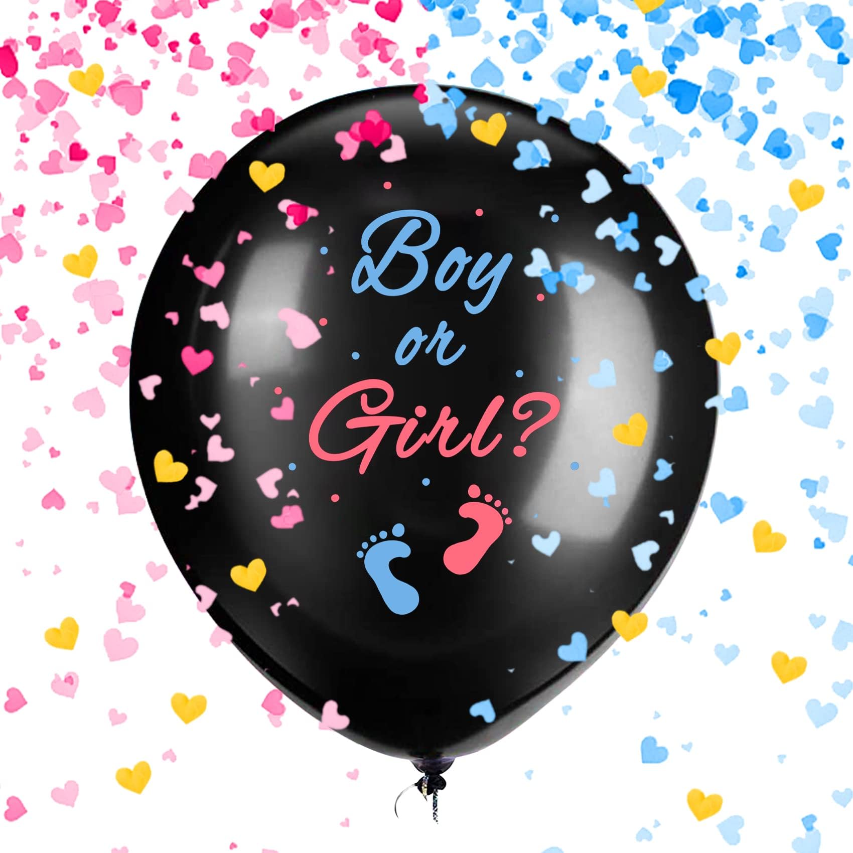 Gender Reveal Balloons, 1 Pack 36 Inch Black Boy or Girl Balloon with Pink and Blue Heart-Shaped Confetti for Gender Reveal Party Decorations