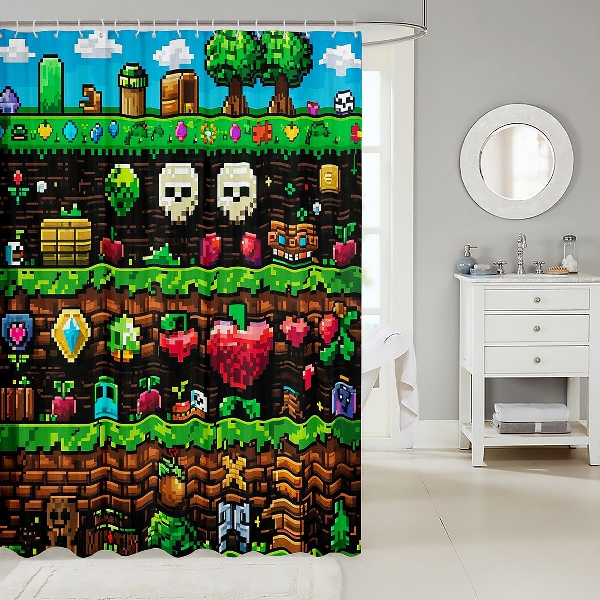 Castle Fairy Video Games Shower Curtain,Colorful Pixelated Themed Bath Curtain for Kids Boys Teens,Sandbox Block Bathtub Waterproof Fabric Funny Gamer Bathroom Decor 12 Hooks Set,Quick Dry,72" Wx78 L image 2