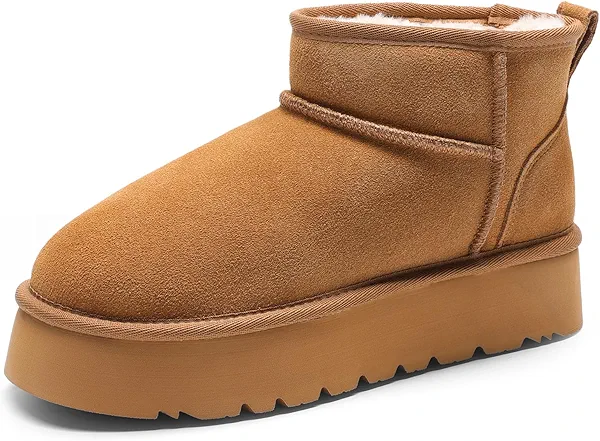 DREAM PAIRS Women's Platform Winter Snow Boots Genuine Suede, Water Resistant Mini Ankle Boots Stable Lightweight Booties Anti-Slip with Memory Foam Outdoor Fuzzy,Size 11,Chestnut,DWUMSB2501