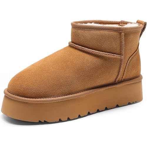 DREAM PAIRS Women's Platform Winter Snow Boots Genuine Suede, Water Resistant Mini Ankle Boots Stable Lightweight Booties Anti-Slip with Memory Foam Outdoor Fuzzy