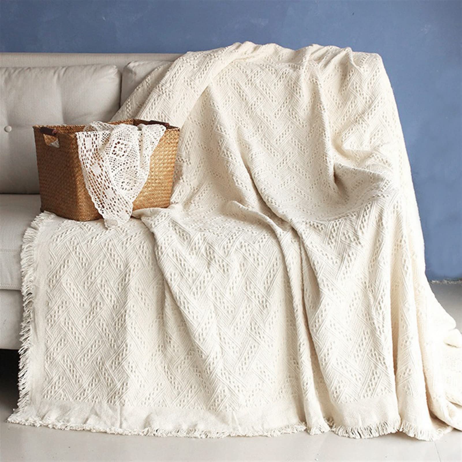 Tapis tricoté nordique blanc et couverture canapé douce XL