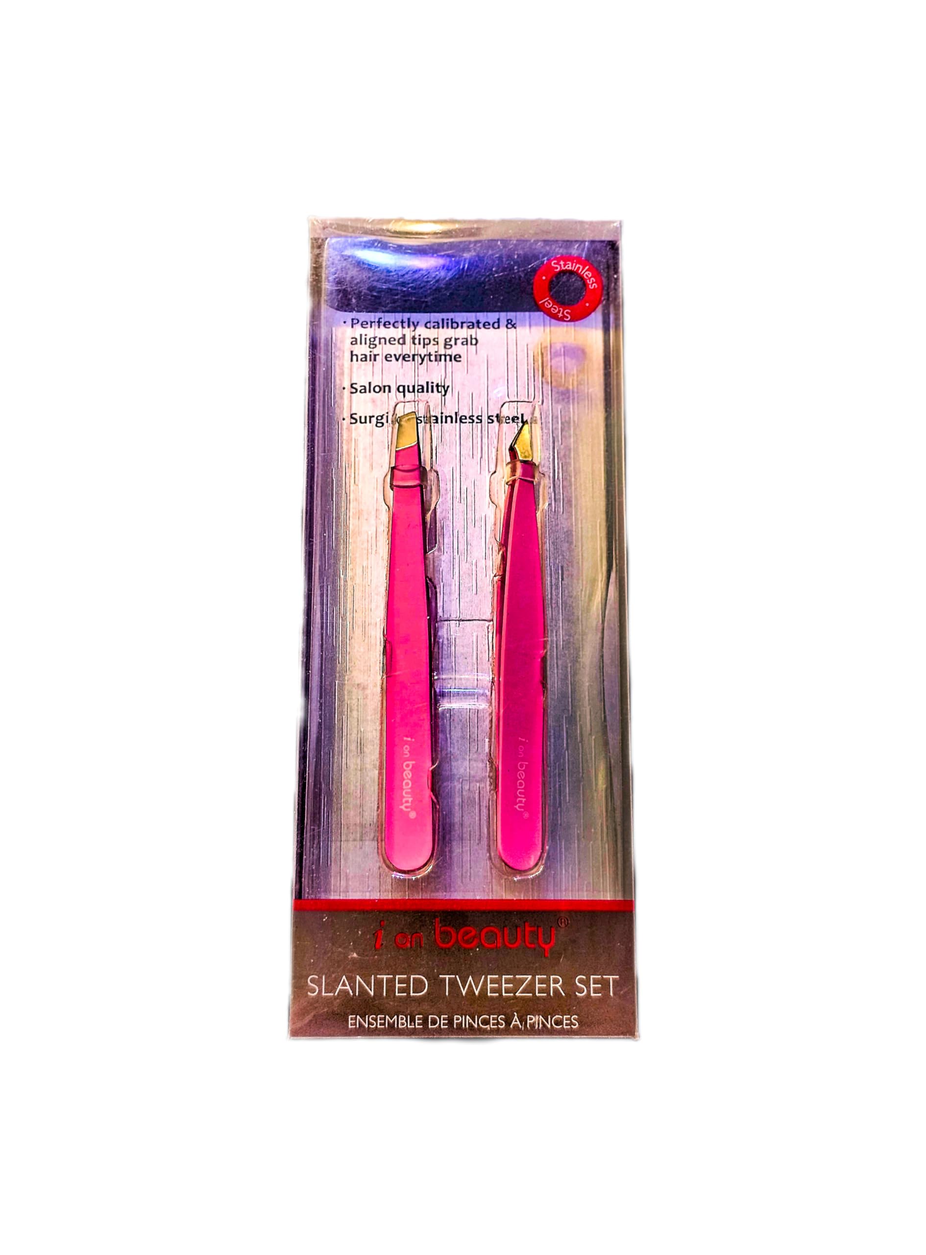 i on Beauty Tweezer Set | Surgical Stainless Steel | Slanted/Pointed Sassy Pink Tweezer Set