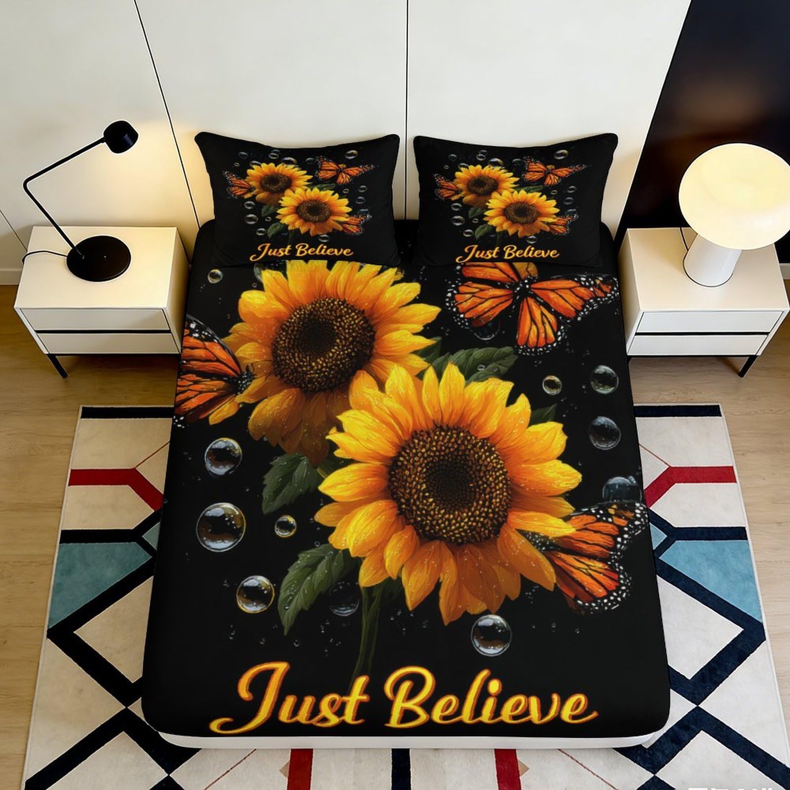 3D Printed Sunflower Butterfly Fitted Sheet Microfiber Black Bed Cover for Bedroom Decor Dorm Mattress Protection 90x200x25cm