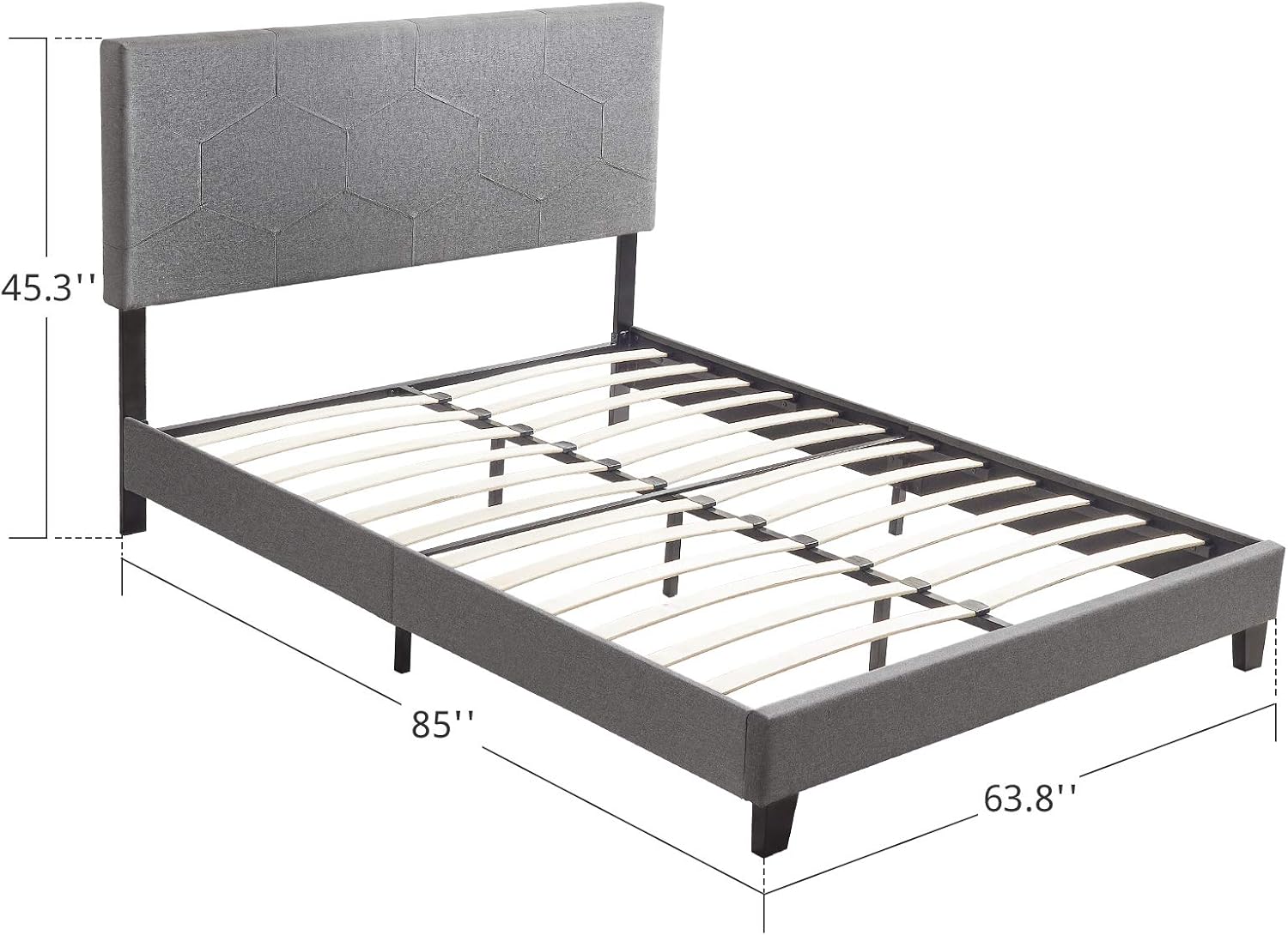 Queen Size Upholstered Platform Bed Frame with Linen Fabric, Wood Slat Support, Easy Assembly, No Box Spring Needed, Grey, 85.00W x 63.80D x 45.30H in