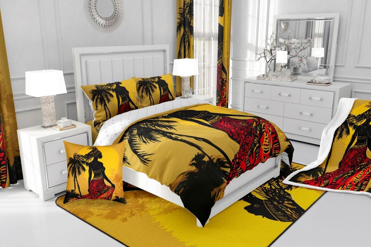Feelyou African Woman Themed Fleece Blanket African Pattern Warm Plush Blanket for Sofa Couch Women Palm Tree Print Sherpa Throw Blanket Ethnic Afro Style Fuzzy Blanket Bedroom Decor Throw 50"x60"