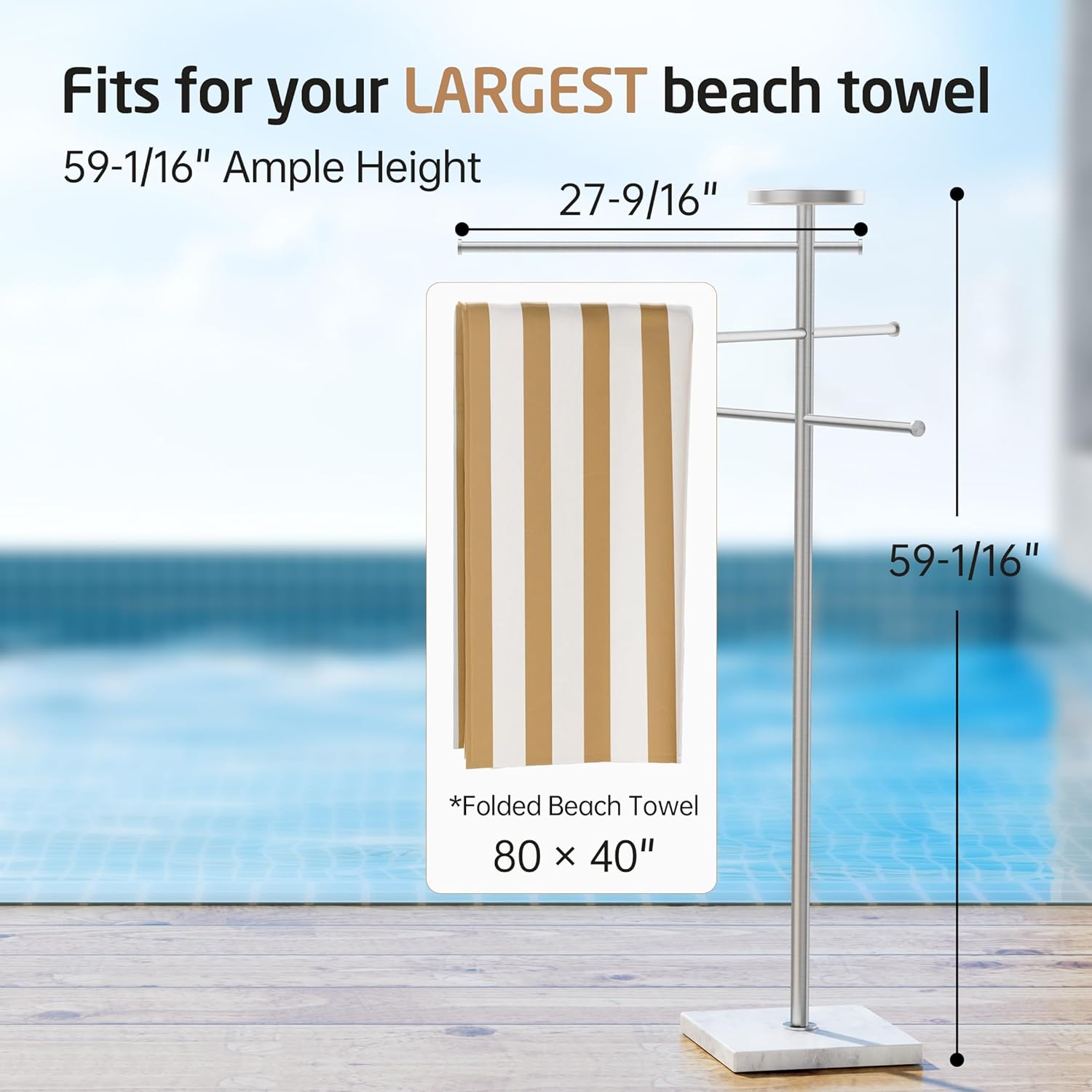Natural Marble 59 Inch Outdoor Towel Rack with Weighted Base, KES Pool Towel Rack Outdoor for Hot Tub 18/8 Stainless Steel, Adjustable 3 Arms, Storage Tray & 6 Towel Clips, Brushed Finish OTR202-2