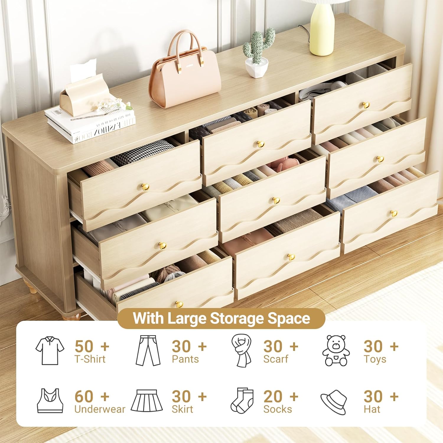 Cyclysio 9 Drawer Dresser for Bedroom, Modern Wood Chest of Drawers with Scalloped Design and Gourd Feet, 63" Wide Dresser TV Stand for Living Room, Hallway, Bedroom (Natural Oak)