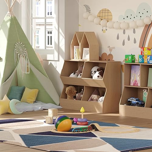 Miniatura 5 de DINZI LVJ Estantería para niños, organizador de almacenamiento de juguetes, armario de juguetes de madera, estantería para niños de 4 cubículos,