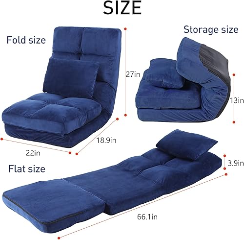 Miniatura 3 de Sofá chaise lounge para interiores, silla de piso con respaldo para adultos, silla reclinable de ajuste de 14 ángulos, tumbona plegable con almohada