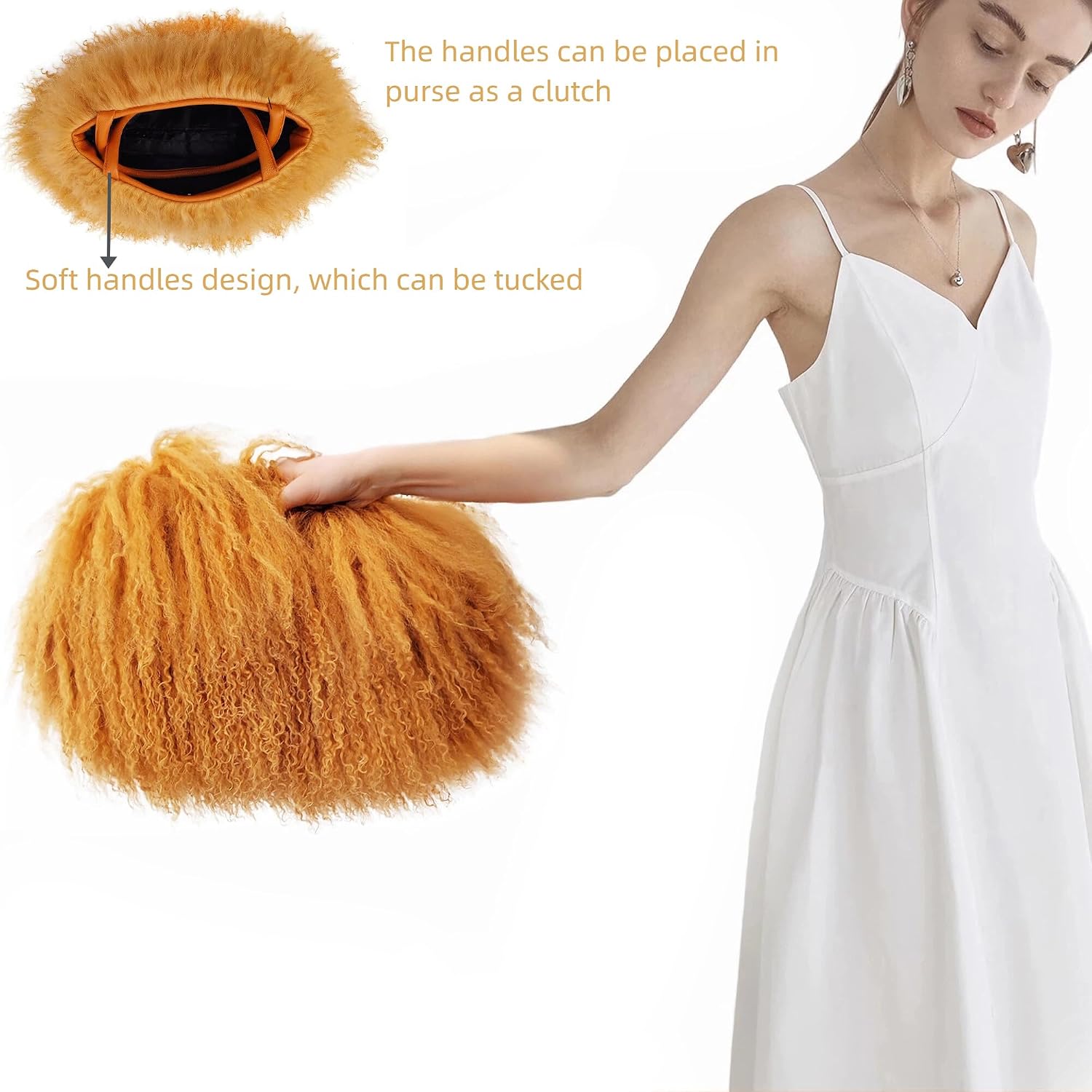 Women Luxury Real Lamb/Mongolian Flush Wool Fur With Genuine Leather Handles Handbag