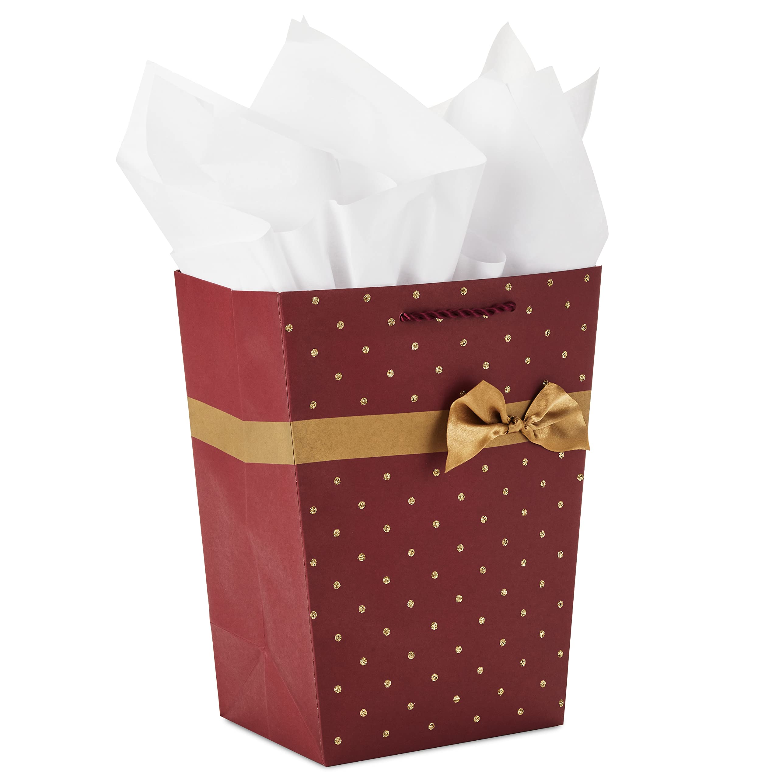 9" Christmas Gift Bag with Tissue Paper (Medium Dark Red Trapezoid Bag with Gold Glitter and Ribbon) for Holiday Parties, Winter Weddings