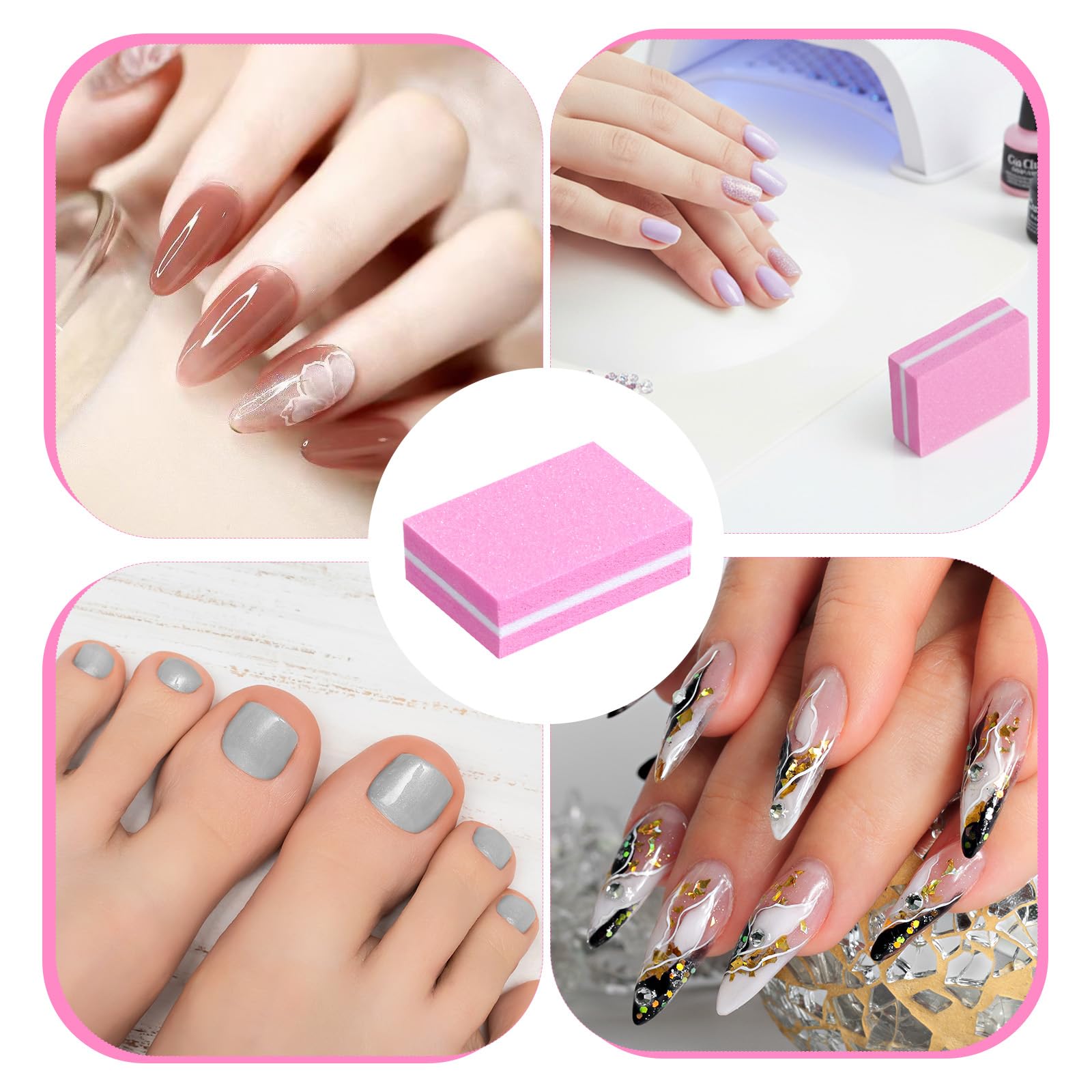 Buffer per unghie (confezione da 500), lima per unghie acriliche e unghie naturali, grana 100/180, piccoli blocchi buffer per lucidatura professionale per manicure professionale, colore rosa